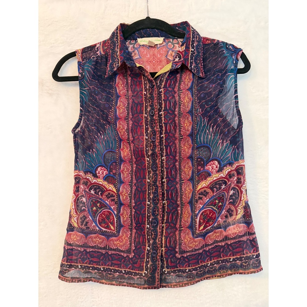 Staring at Stars XS Womens Sleeveless Button Down Sheer Paisley Boho Blouse Top‎